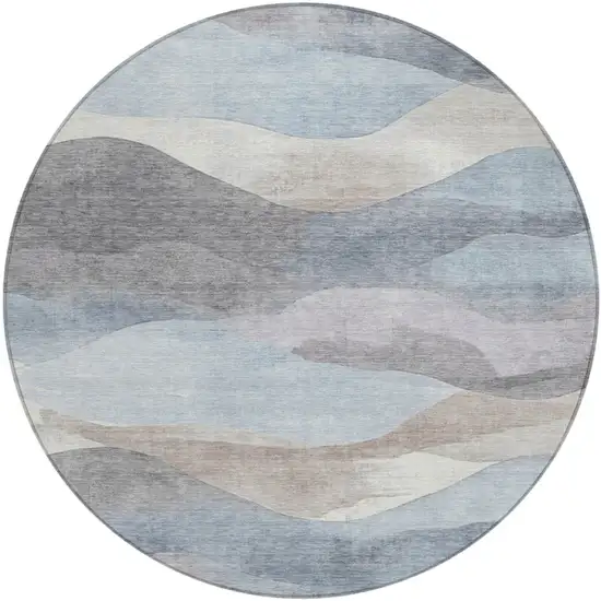8' Sky Blue And Beige Round Abstract Washable Indoor Outdoor Area Rug Photo 1