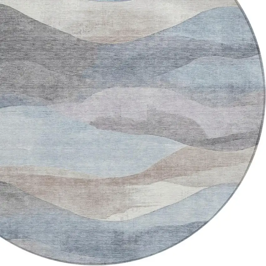 8' Sky Blue And Beige Round Abstract Washable Indoor Outdoor Area Rug Photo 9