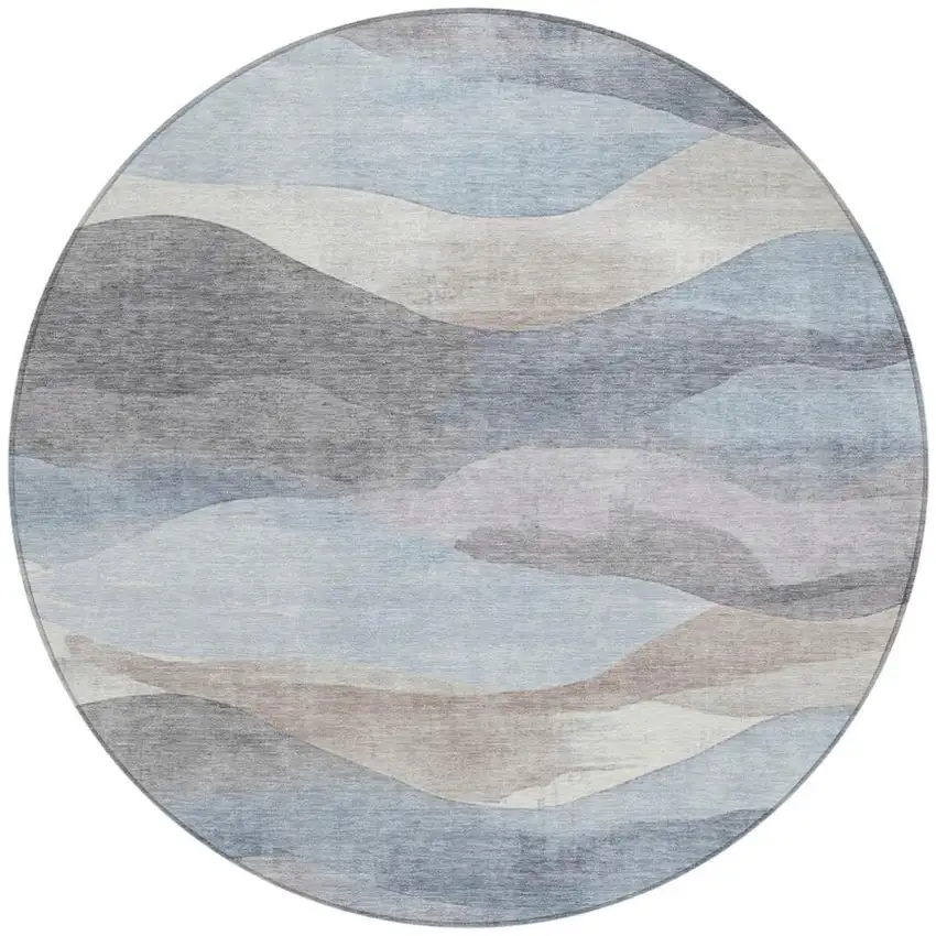 8' Sky Blue And Beige Round Abstract Washable Indoor Outdoor Area Rug Photo 3