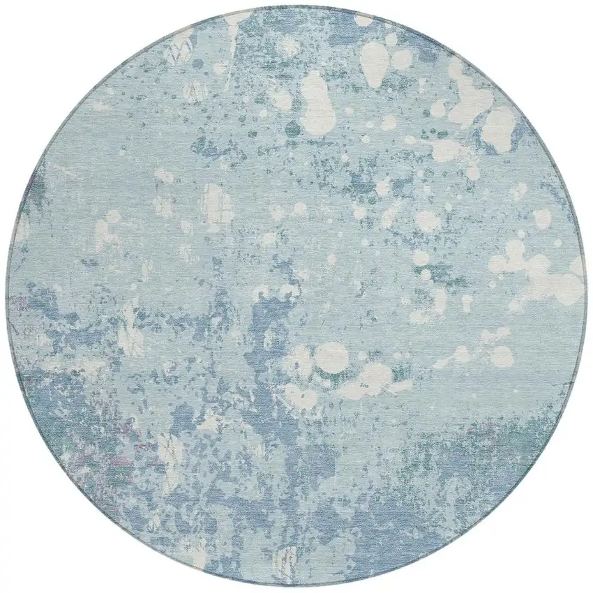 8' Sky Blue And Beige Round Abstract Washable Indoor Outdoor Area Rug Photo 3