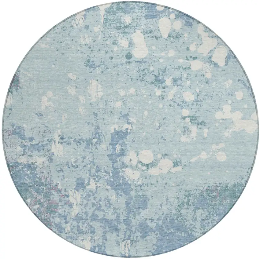 8' Sky Blue And Beige Round Abstract Washable Indoor Outdoor Area Rug Photo 2