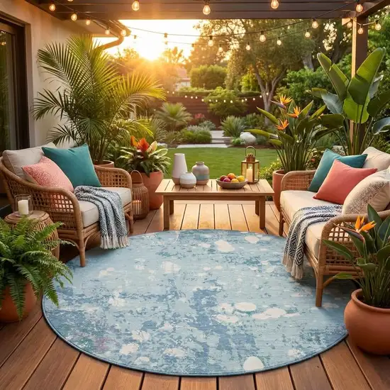 8' Sky Blue And Beige Round Abstract Washable Indoor Outdoor Area Rug Photo 1