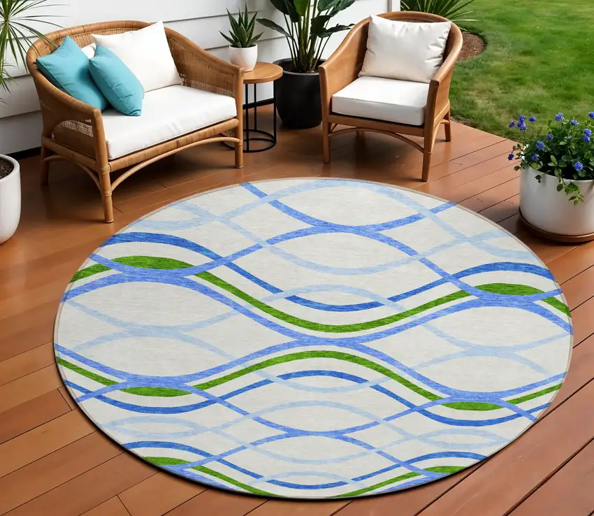 8' Sky Blue And Beige Round Abstract Washable Indoor Outdoor Area Rug Photo 1
