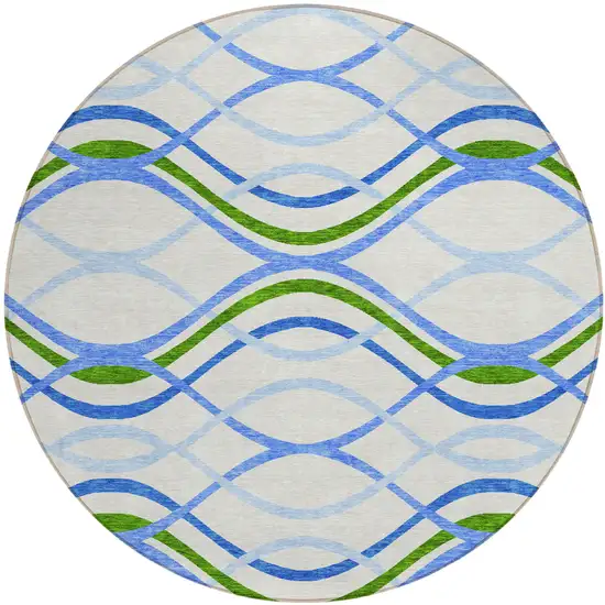 8' Sky Blue And Beige Round Abstract Washable Indoor Outdoor Area Rug Photo 1