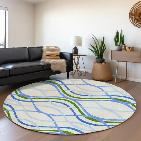8' Sky Blue And Beige Round Abstract Washable Indoor Outdoor Area Rug Photo 6