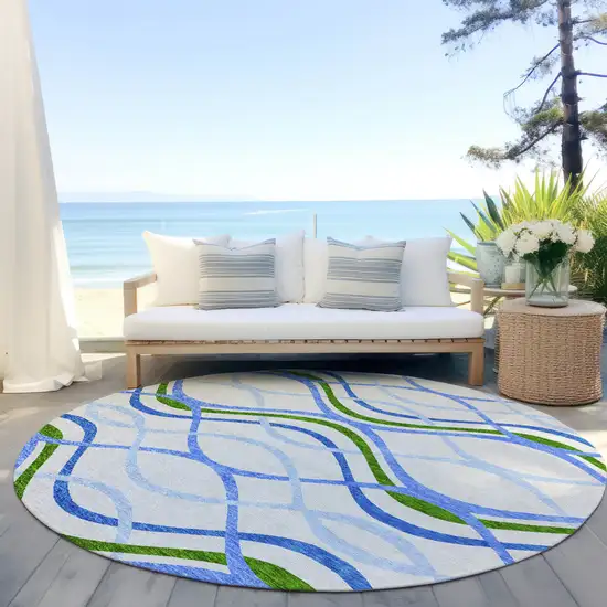 8' Sky Blue And Beige Round Abstract Washable Indoor Outdoor Area Rug Photo 5