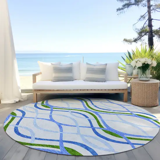 8' Sky Blue And Beige Round Abstract Washable Indoor Outdoor Area Rug Photo 5