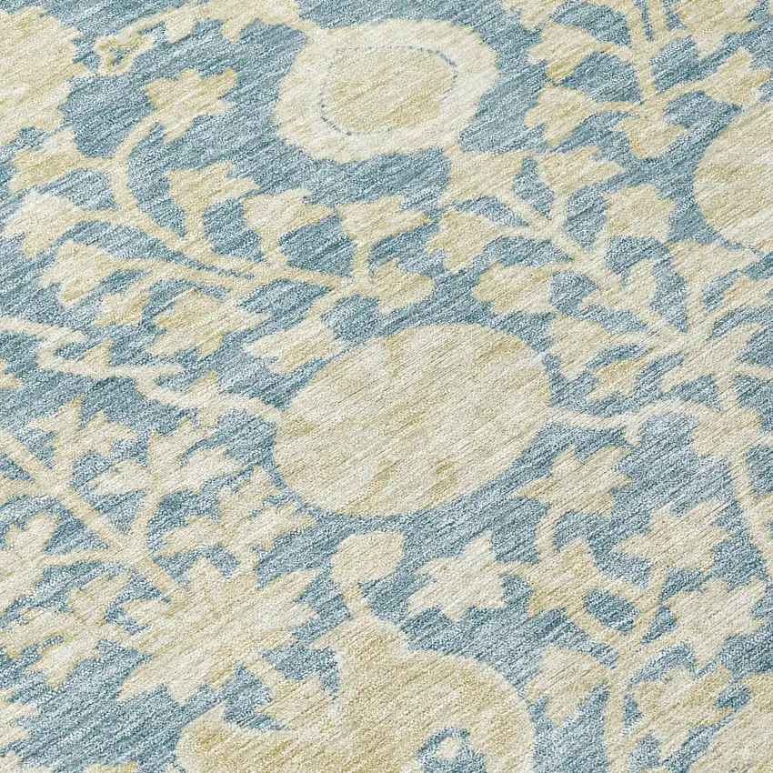 8' Sky Blue And Beige Round Floral Washable Indoor Outdoor Area Rug Photo 9