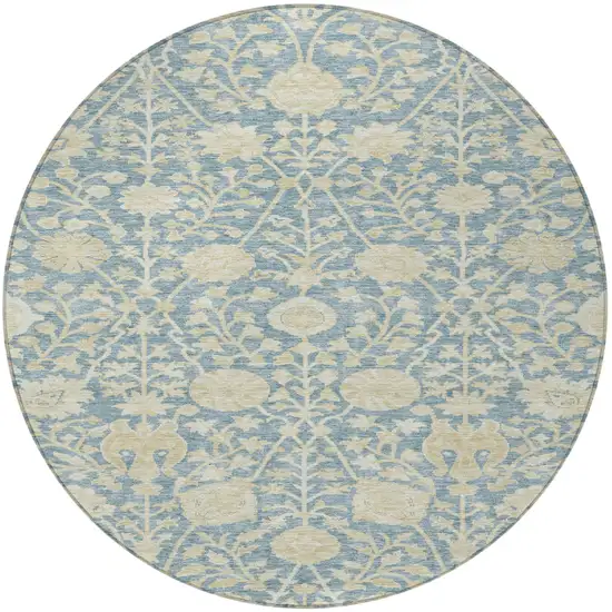 8' Sky Blue And Beige Round Floral Washable Indoor Outdoor Area Rug Photo 5