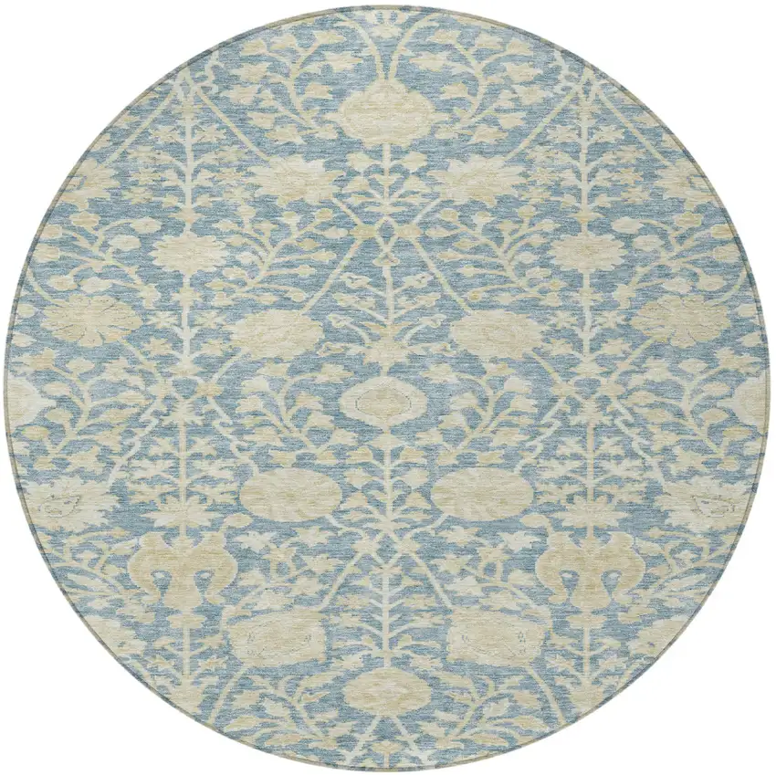 8' Sky Blue And Beige Round Floral Washable Indoor Outdoor Area Rug Photo 5