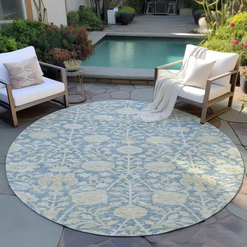 8' Sky Blue And Beige Round Floral Washable Indoor Outdoor Area Rug Photo 6