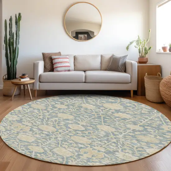 8' Sky Blue And Beige Round Floral Washable Indoor Outdoor Area Rug Photo 7