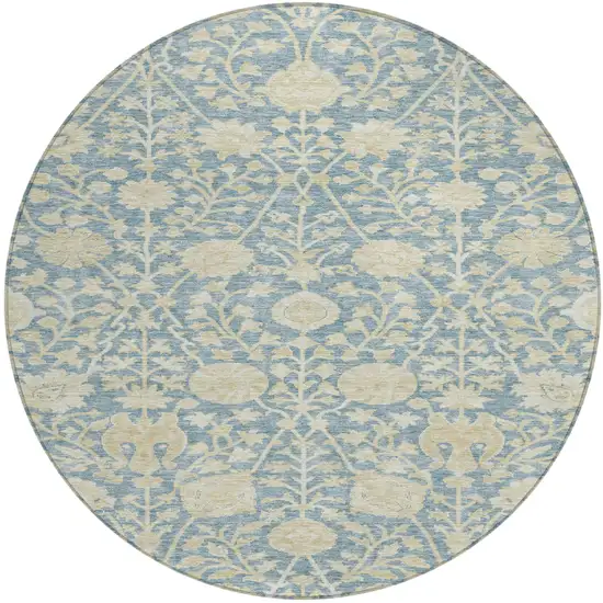 8' Sky Blue And Beige Round Floral Washable Indoor Outdoor Area Rug Photo 2