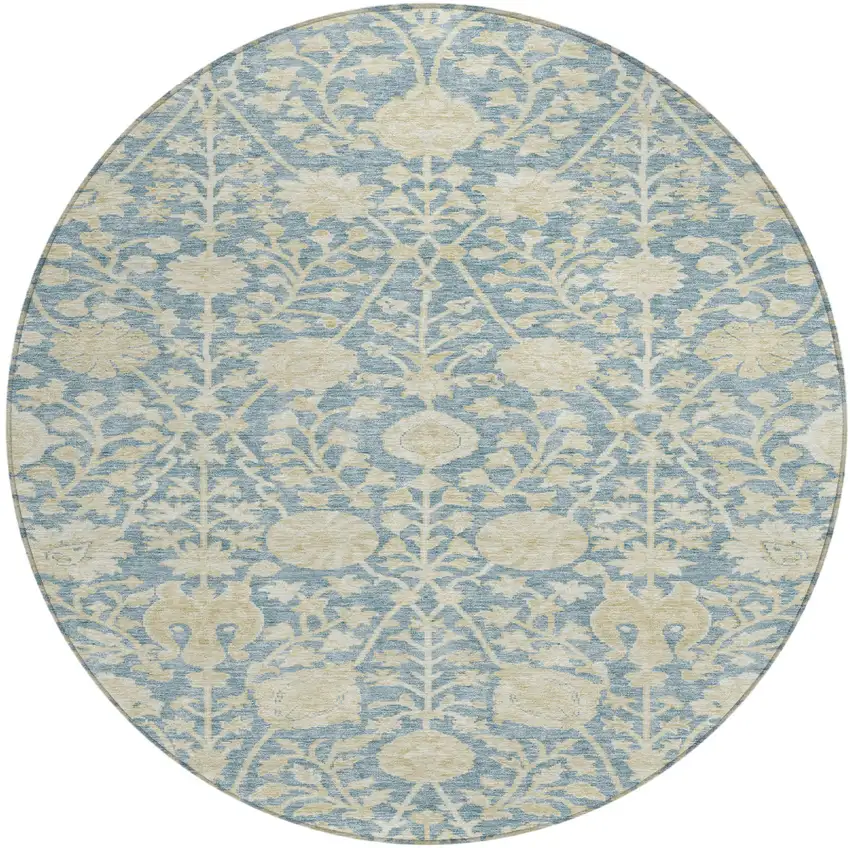 8' Sky Blue And Beige Round Floral Washable Indoor Outdoor Area Rug Photo 2