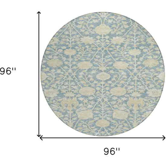 8' Sky Blue And Beige Round Floral Washable Indoor Outdoor Area Rug Photo 8