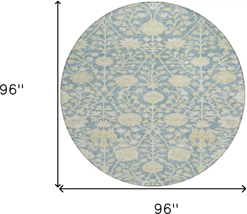 8' Sky Blue And Beige Round Floral Washable Indoor Outdoor Area Rug Photo 8