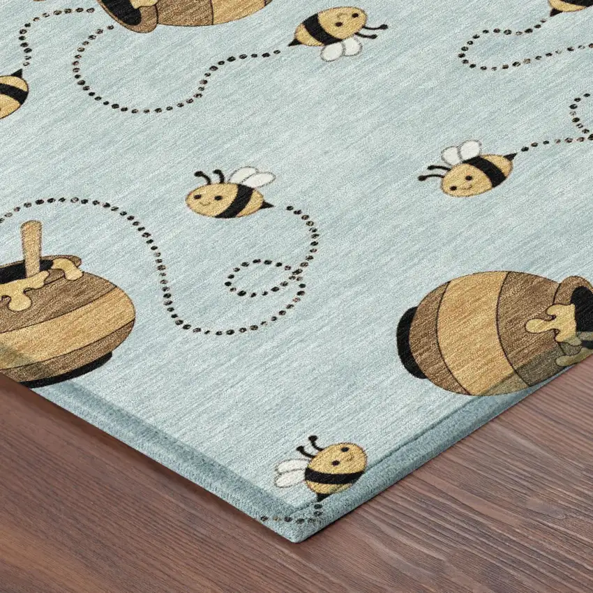 8' Sky Blue And Beige Round Geometric Washable Indoor Outdoor Area Rug Photo 6