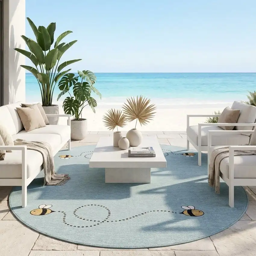8' Sky Blue And Beige Round Geometric Washable Indoor Outdoor Area Rug Photo 1