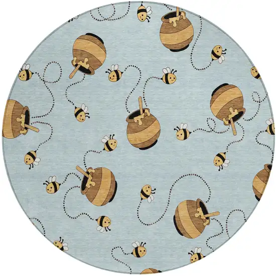 8' Sky Blue And Beige Round Geometric Washable Indoor Outdoor Area Rug Photo 4