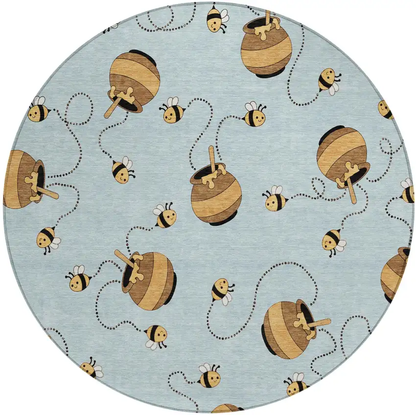 8' Sky Blue And Beige Round Geometric Washable Indoor Outdoor Area Rug Photo 4