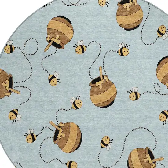 8' Sky Blue And Beige Round Geometric Washable Indoor Outdoor Area Rug Photo 2