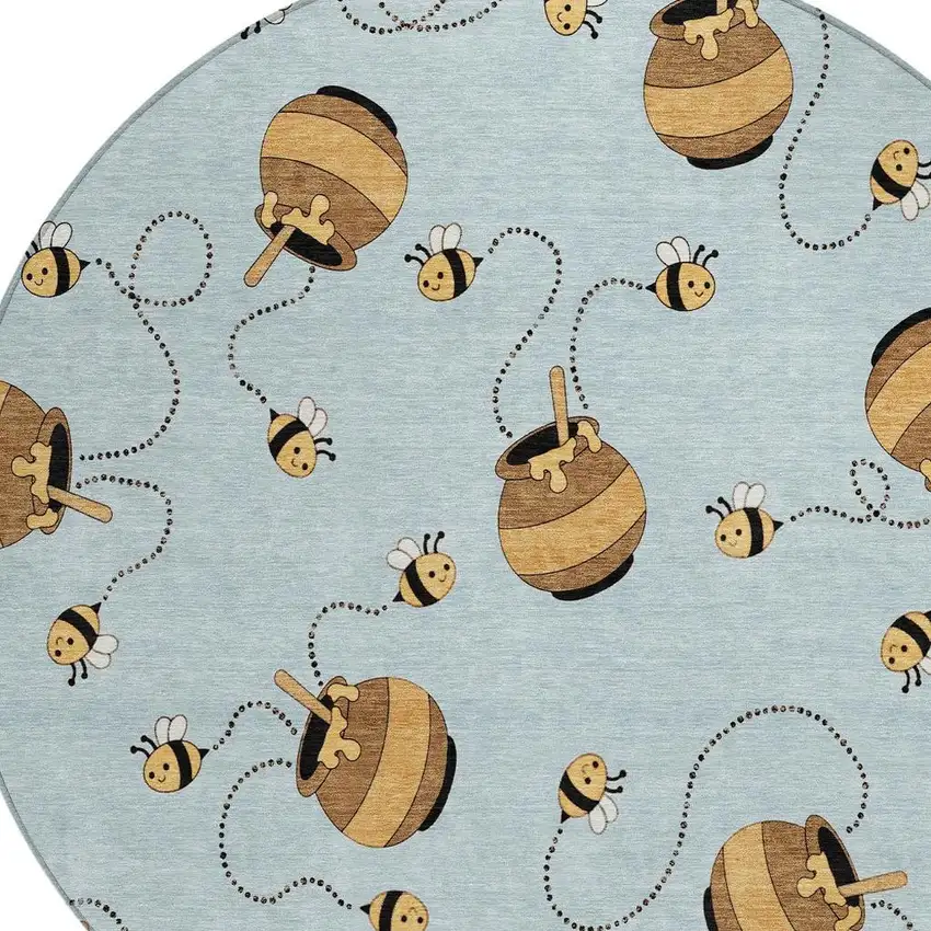 8' Sky Blue And Beige Round Geometric Washable Indoor Outdoor Area Rug Photo 2