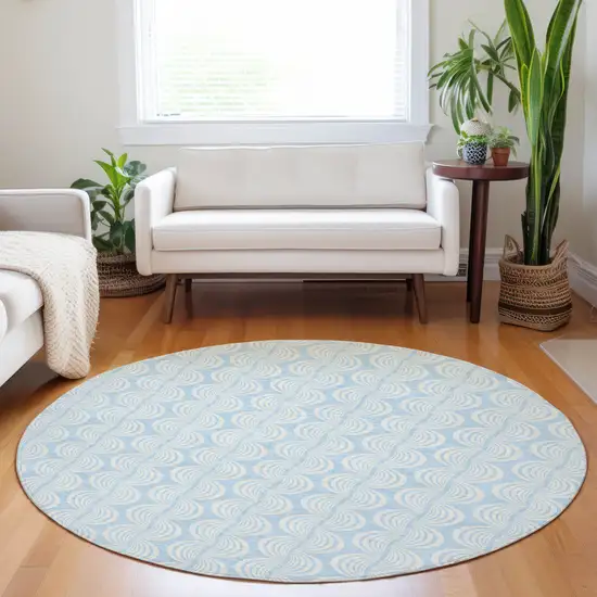 8' Sky Blue And Beige Round Ogee Washable Indoor Outdoor Area Rug Photo 8