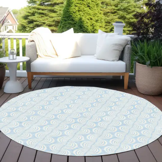 8' Sky Blue And Beige Round Ogee Washable Indoor Outdoor Area Rug Photo 7