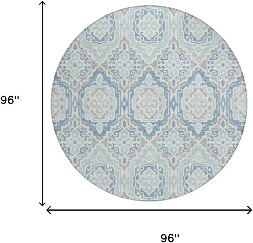 8' Sky Blue And Beige Round Tribal Washable Indoor Outdoor Area Rug Photo 8