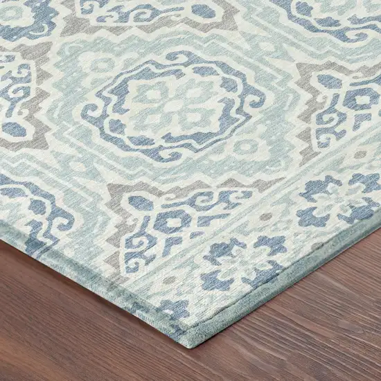 8' Sky Blue And Beige Round Tribal Washable Indoor Outdoor Area Rug Photo 6