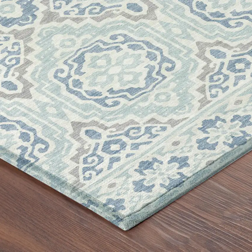 8' Sky Blue And Beige Round Tribal Washable Indoor Outdoor Area Rug Photo 6