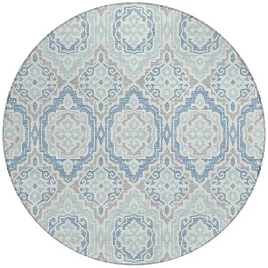 8' Sky Blue And Beige Round Tribal Washable Indoor Outdoor Area Rug Photo 3