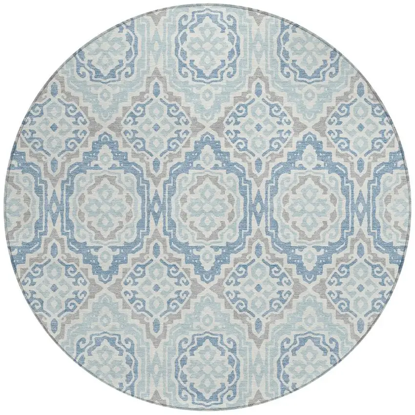 8' Sky Blue And Beige Round Tribal Washable Indoor Outdoor Area Rug Photo 3