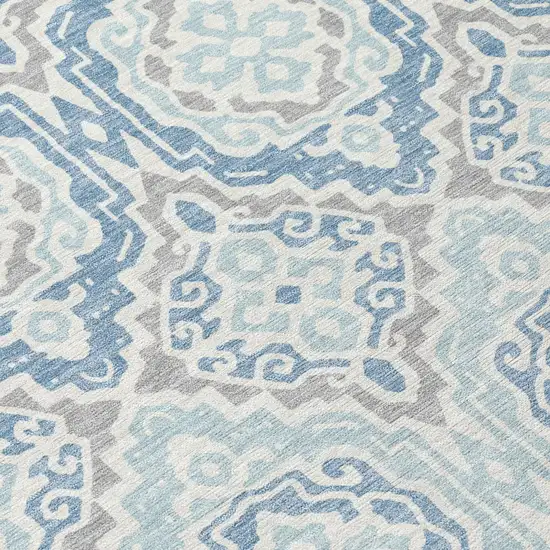 8' Sky Blue And Beige Round Tribal Washable Indoor Outdoor Area Rug Photo 7