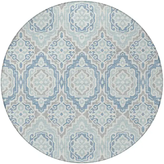 8' Sky Blue And Beige Round Tribal Washable Indoor Outdoor Area Rug Photo 4