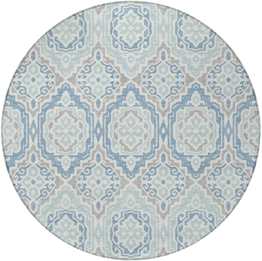 8' Sky Blue And Beige Round Tribal Washable Indoor Outdoor Area Rug Photo 4