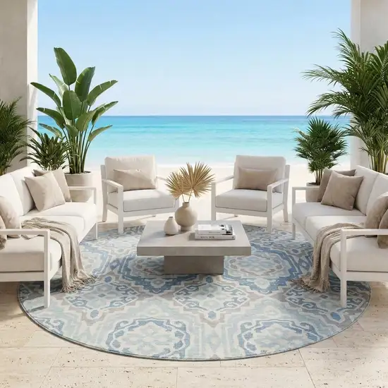 8' Sky Blue And Beige Round Tribal Washable Indoor Outdoor Area Rug Photo 1