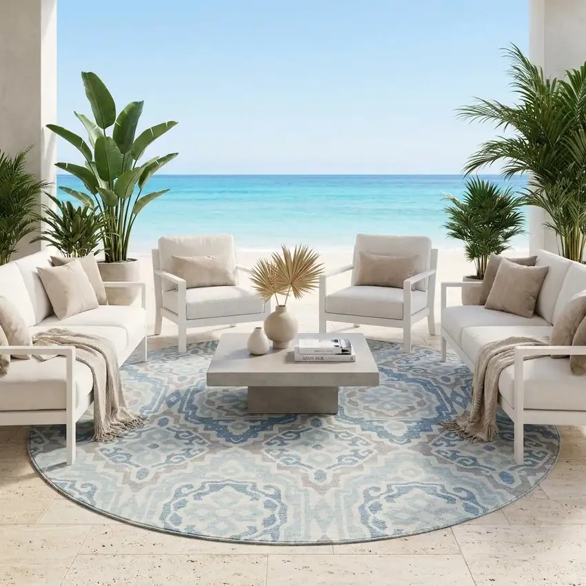 8' Sky Blue And Beige Round Tribal Washable Indoor Outdoor Area Rug Photo 1