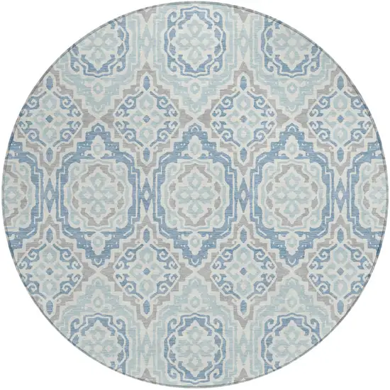 8' Sky Blue And Beige Round Tribal Washable Indoor Outdoor Area Rug Photo 2