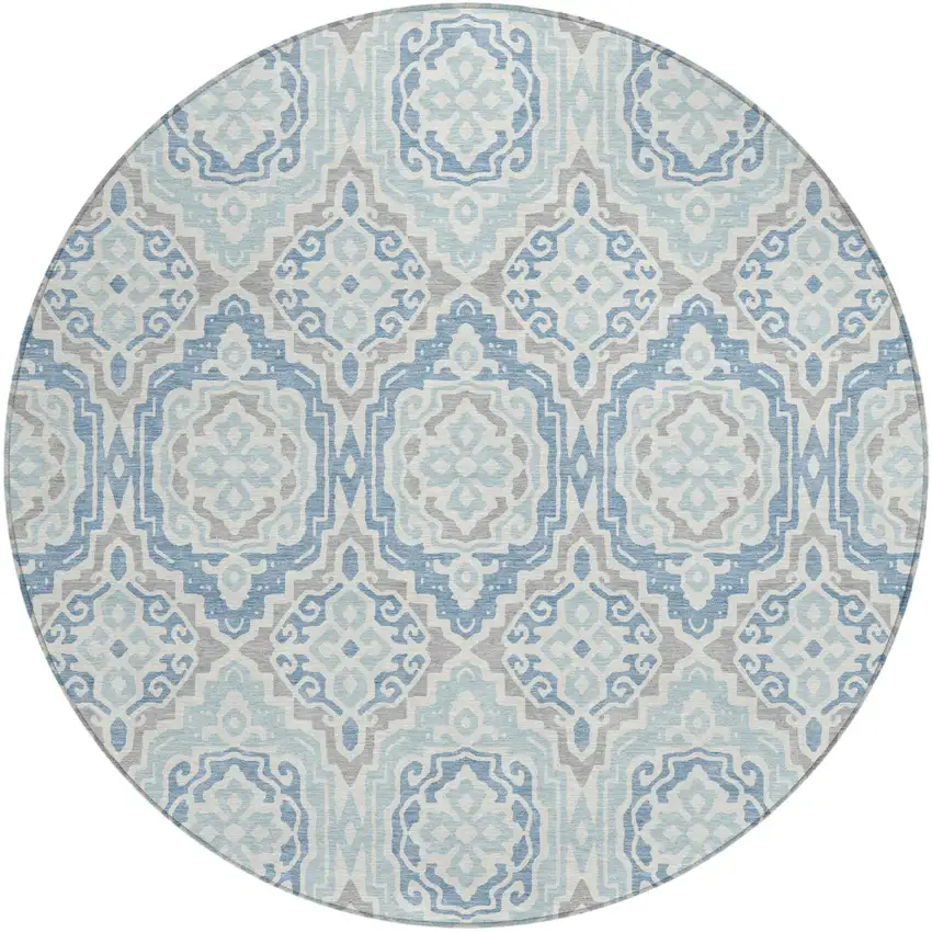 8' Sky Blue And Beige Round Tribal Washable Indoor Outdoor Area Rug Photo 2