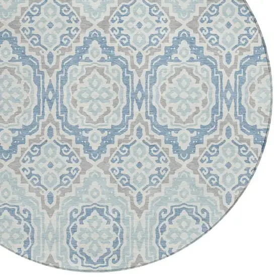 8' Sky Blue And Beige Round Tribal Washable Indoor Outdoor Area Rug Photo 5