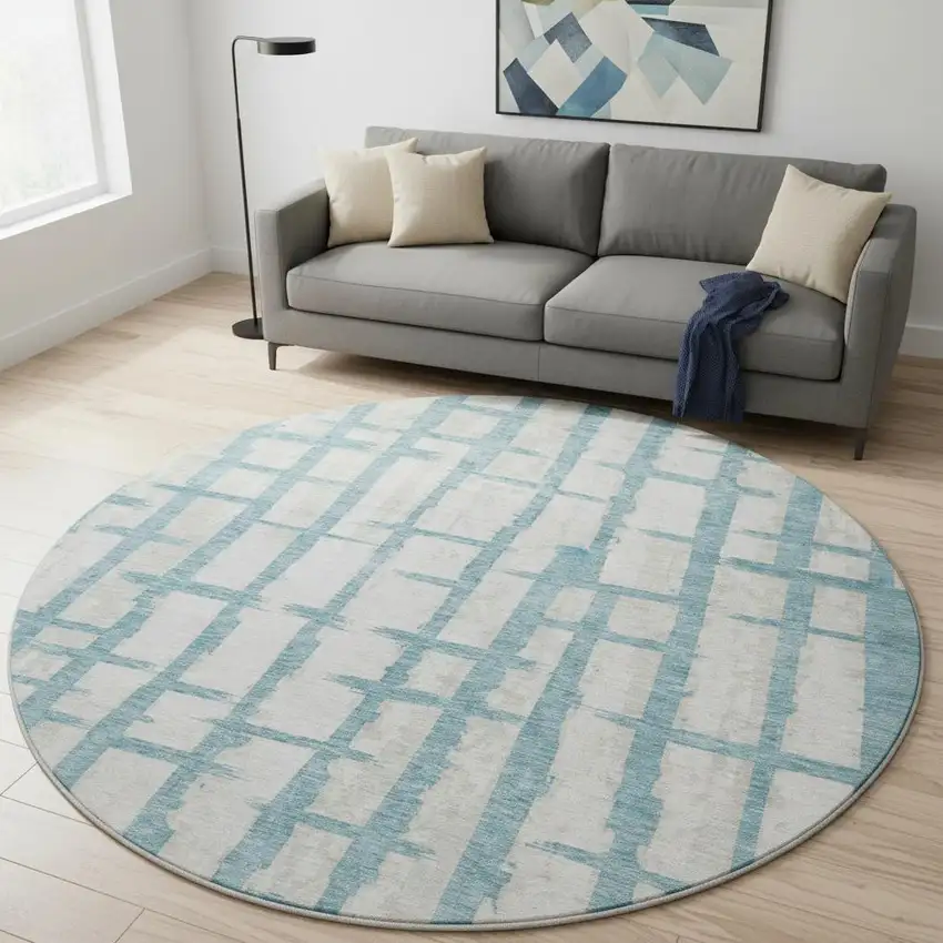 8' Sky Blue And Beige Striped Washable Round Rug With UV Protection Photo 2