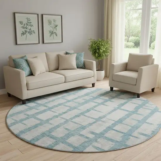 8' Sky Blue And Beige Striped Washable Round Rug With UV Protection Photo 1