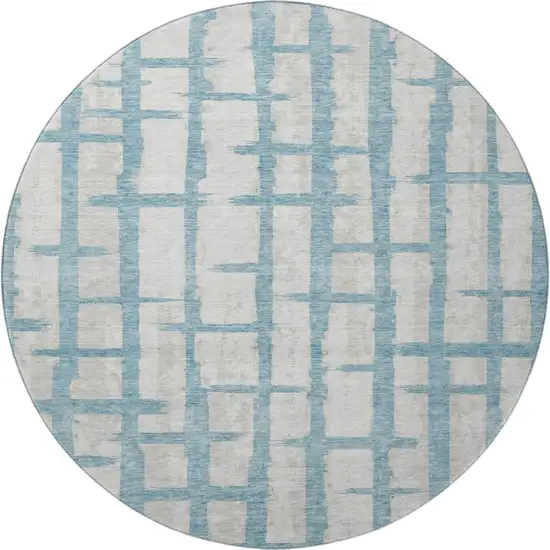 8' Sky Blue And Beige Striped Washable Round Rug With UV Protection Photo 3