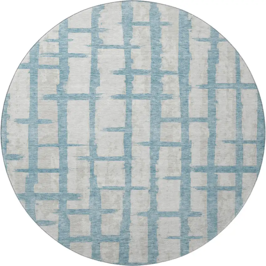 8' Sky Blue And Beige Striped Washable Round Rug With UV Protection Photo 3