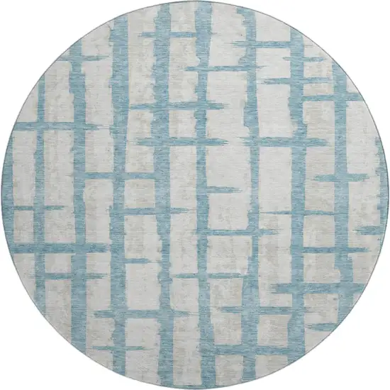8' Sky Blue And Beige Striped Washable Round Rug With UV Protection Photo 1