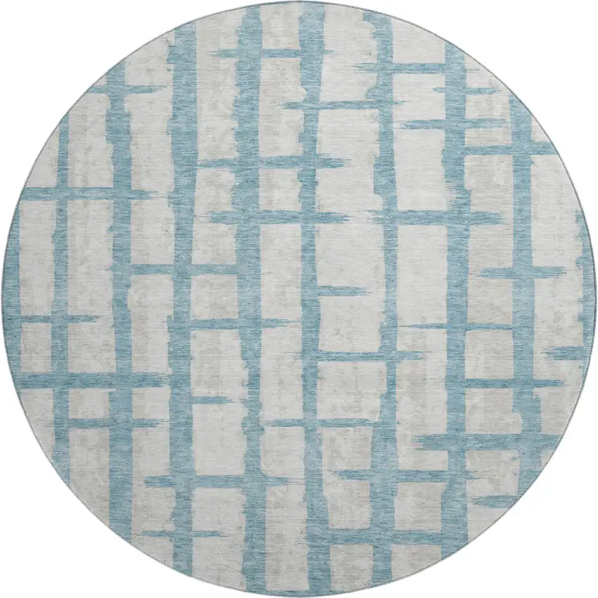8' Sky Blue And Beige Striped Washable Round Rug With UV Protection Photo 1