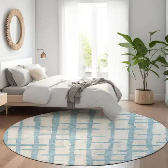 8' Sky Blue And Beige Striped Washable Round Rug With UV Protection Photo 4