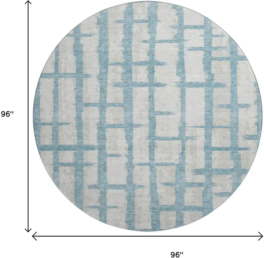 8' Sky Blue And Beige Striped Washable Round Rug With UV Protection Photo 9