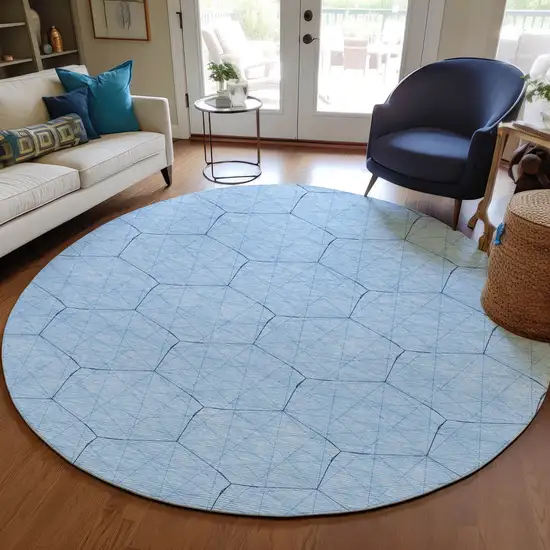 8' Sky Blue And Black Round Geometric Washable Indoor Outdoor Area Rug Photo 7